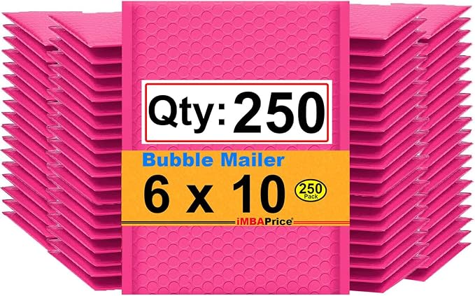 iMBAPrice 250-Pack #0 (6" x 10") Premium Hot Pink Color Self Seal Poly Bubble Mailers Padded Shipping Envelopes (Total 250 Bags)