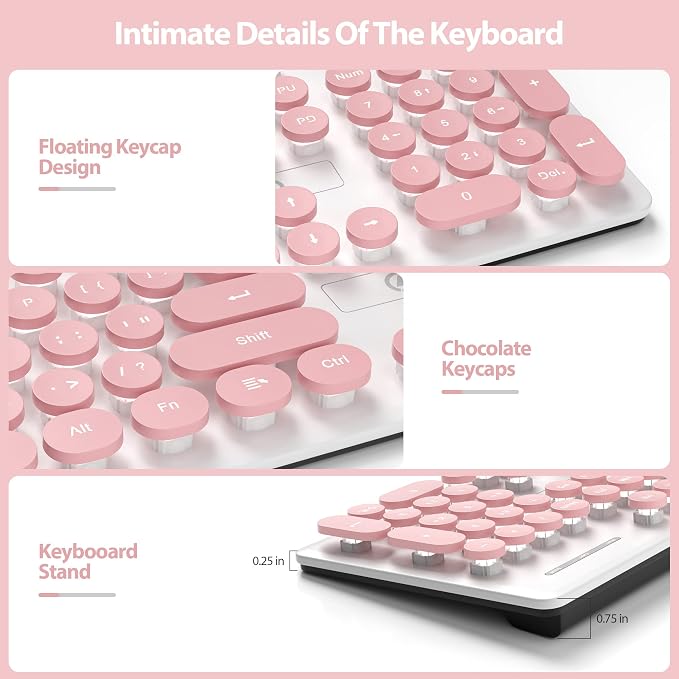 surmen Cute Quiet Keyboard Pink Wired Typewriter Keyboard, Light Up Backlit PC Keyboards with Retro Round Keys Full Size 104 Keys for Office Computer (Pink)