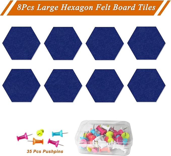 Large Hexagon Felt Cork Board Tiles, Self Adhesive DIY Felt Bulletin Board Pin Board with 35 Pushpins for Office School Home Wall Decor Stickers Memos Photos Display(Dark Blue)
