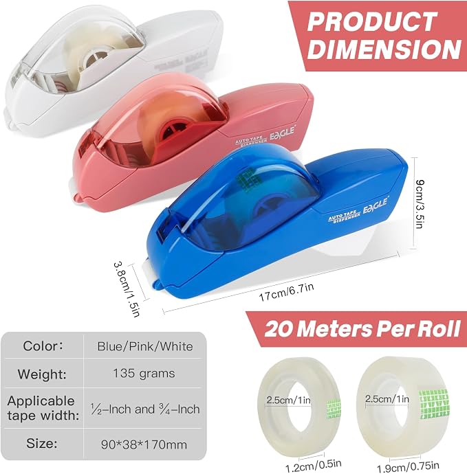 Eagle Automatic Tape Dispenser, Handheld & Portable Design, Office Tape Gun, One-Handed Operation with Safety Blade for Office, Home, DIY or Packaging (Includes 2 Free Tapes)（Flamingo Pink）