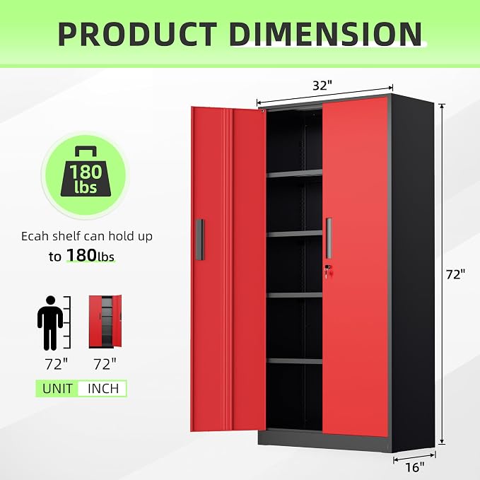 Metal Storage Cabinet, 72" Locking Steel Cabinets with 2 Door and 4 Adjustable Shelves, Tall Metal Cabinet for Home Office, Garage, Warehouse, Black Red