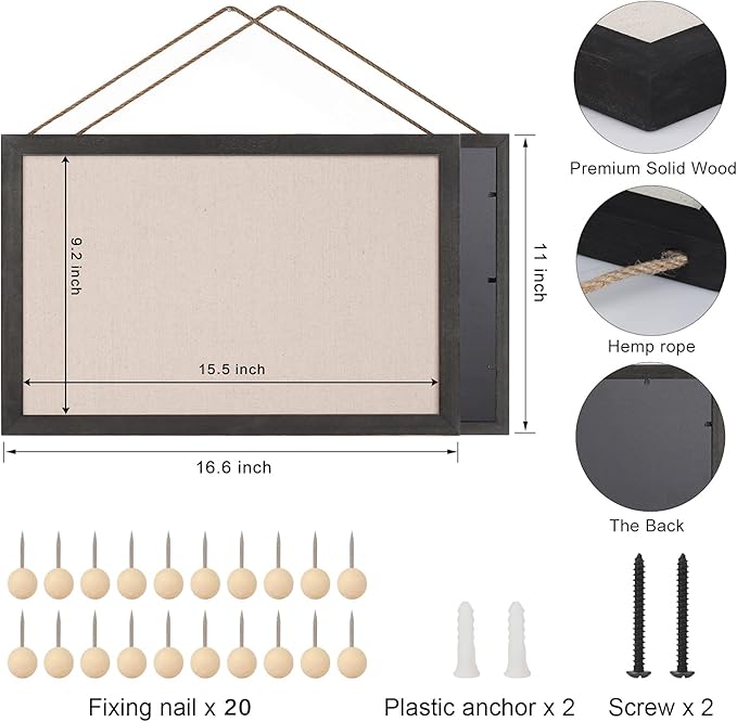 Miratino 2-Pack Cork Board with Linen 16x11 inch Bulletin Board Wall Decor Hanging Pin Wood Framed Display Bulletin Cork Picture Board Light for Room School Office Bedroom 20-Pushpin Vintage Black