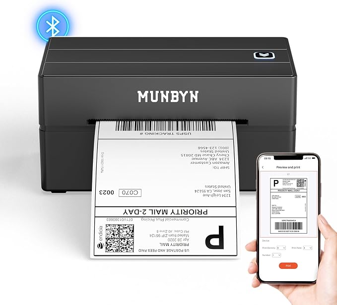 MUNBYN 130B Bluetooth Thermal Label Printer+4"x6" Direct Thermal Shipping Label 220 Labels/Roll