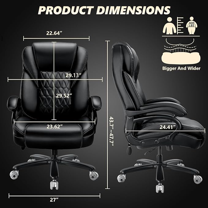600lbs Big and Tall Office Chair with Pocket Spring Cushion, Ergonomic Heavy Duty Executive Office Desk Chair with Adjustable Lumbar Support, Large Comfy Computer Chair with Dual Rubber Wheel