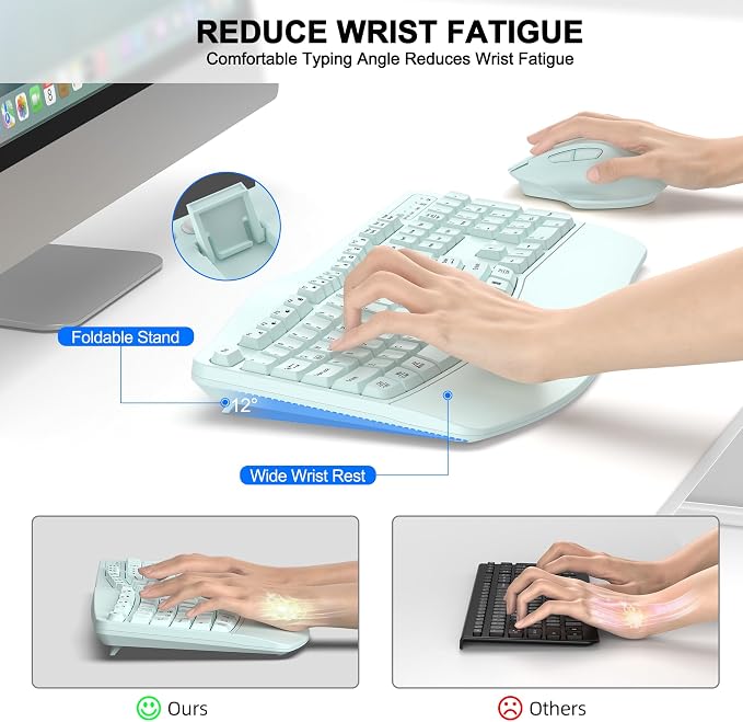 Wireless Keyboard and Mouse Combo, 2.4G Ergonomic Wave Key(Mint Green) | Full Size Wave Keyboard with Wrist Rest, 3-Level DPI Adjustable Ergonomic Mouse for Windows and Mac OS Desktop/Laptop/PC