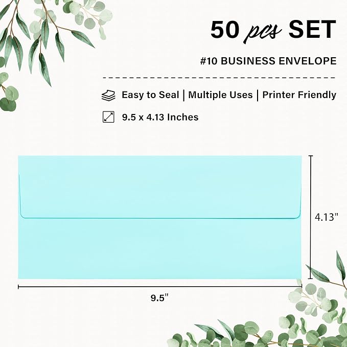 50 Pack #10 Light Blue Envelopes Letter Size Self Seal Business Envelopes | Security Mailing Envelopes, 4 1/8 x 9 1/2 Inches