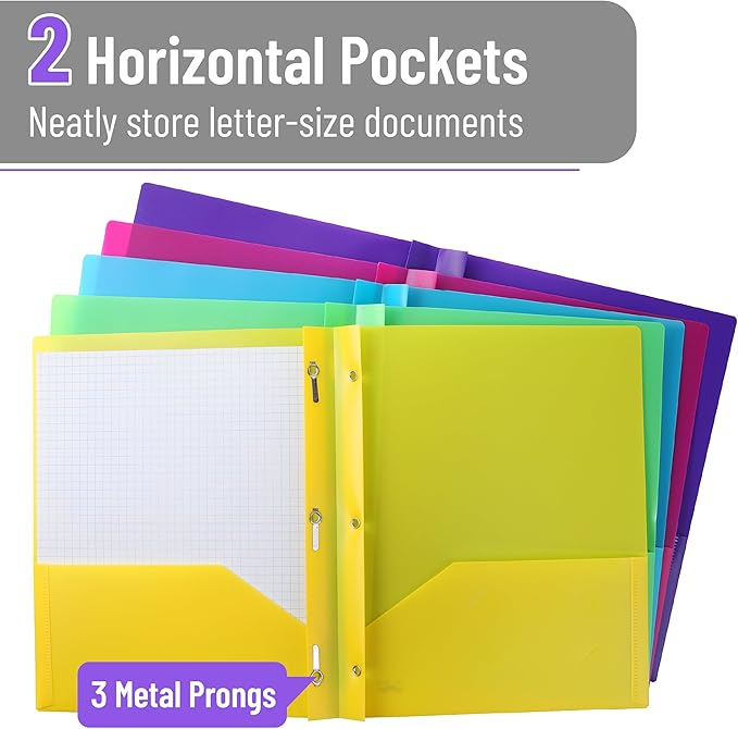Mr. Pen- Plastic Folders with Pockets and Prongs, 20 Pack, Letter Size, Colorful, Flexible Plastic Folders with Prongs