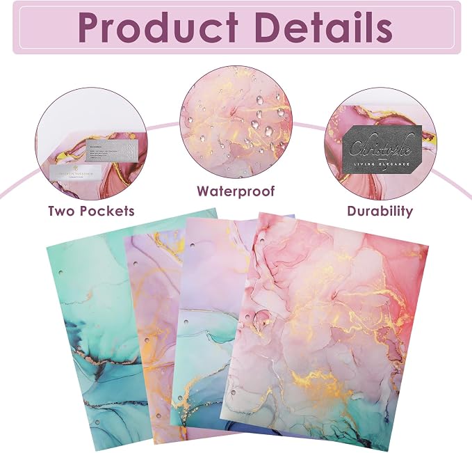 Ddaowanx 8 pcs Plastic Folders with Pockets,3 Hole Punched Folders | Heavy Duty Binder Folder for 3 Ring Binder,Cute Marble Colors 2-Pocket Folders for Documents,Back to School Supplies