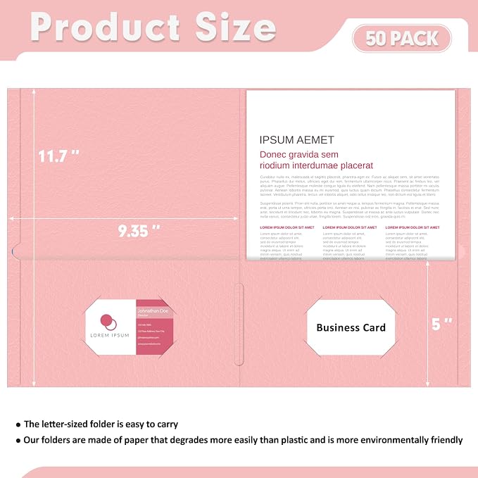 Two Pocket Folders, PANDRI 50 Pack 2 Pocket Folders, Letter Size Paper File Folder for School Office Home Business, Pink
