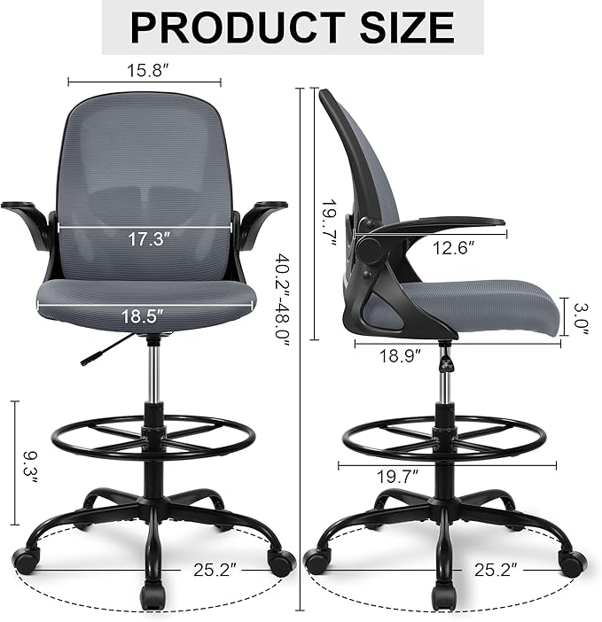 Drafting Chair Tall Office Chair with Flip-up Armrests Executive Ergonomic Computer Standing Desk Chair with Lumbar Support and Adjustable Footrest Ring（Dark Gray）