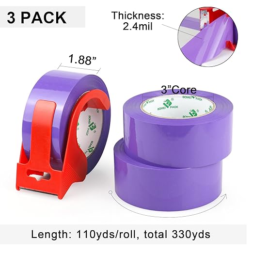 BOMEI PACK Purple Packing Tape with Dispenser, 2.4 Mil 1.88 Inch x 110 Yards, 3 Refills Rolls Color Box Tape for Moving, Shipping and Packaging