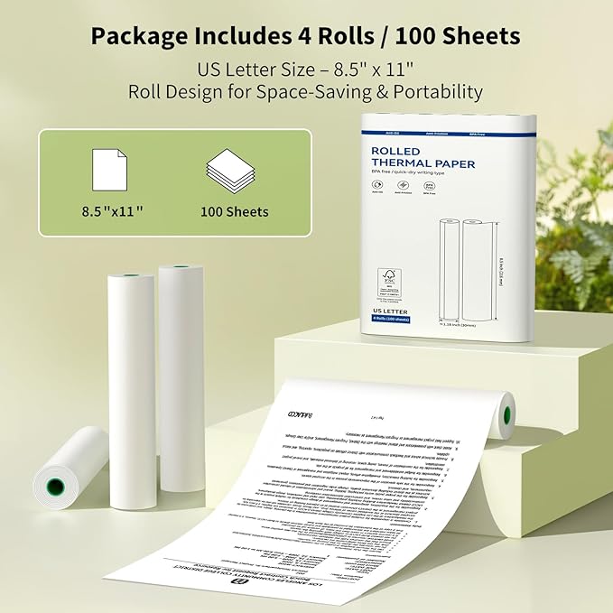 Thermal Printer Paper 8.5''x11'' US Letter Size, 4 rolls, 100 sheets, Thermal Paper Quick-Dry, Advanced Clear Printing, Compatible with Gloryang & JADENS PD-A4 Thermal Printer