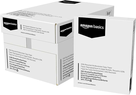 Amazon Basics 30% Recycled Multipurpose Copy & Print Paper, 8.5 x 11 Inches, 20 lb Weight, 92 Bright, White, FSC Certified, 5000 Sheets (10 Reams)