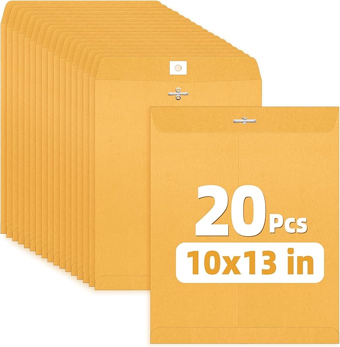 SUNEE Envelops, 10"x13" Brown Kraft Envelopes with Clasp Closure, 28-lb Paper Mailing Envelopes, 20 Count, Great for Filing, Storing or Mailing Documents