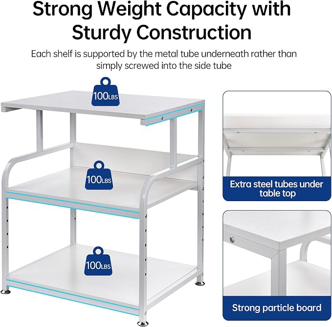 Fannova White Printer Stand Table, 23.6"x18.9"x30" Large Size with Storage | Height Adjustable Middle Shelf, Heavy Duty Industrial Wheels, 3 Tier Rolling Cart for 3D Printer, Home Office Furniture