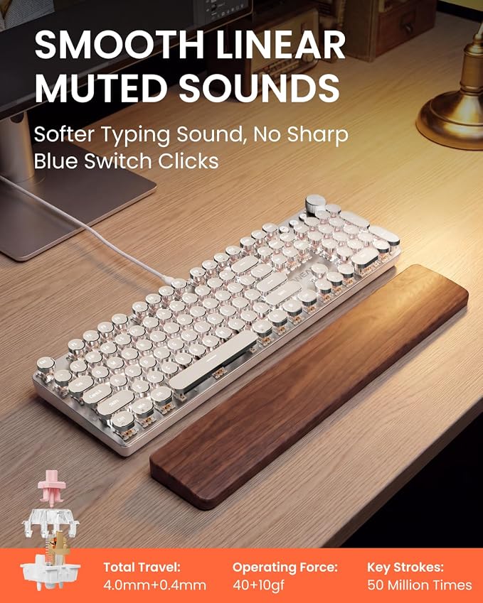 EWEADN Wired Typewriter Mechanical Keyboard, Quiet White Linear Switches Retro Punk Style with Media Knob, Elegant Backlit Metal Panel, 104-Key Round Keycaps Cute Keyboard for Windows PC - Pure White