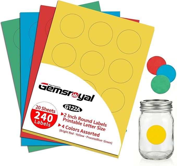 2 Inch Colored Round Labels Printable,Neon Circle Labels for Inkjet & Laser Printer,4 Fluorescent Colors Assorted,2" Diameter Colorful Custom Round Stickers,240 Stickers in Total