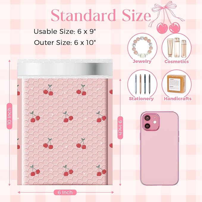 METRONIC Bubble Mailers 6x10 Inch 25 Pack Cute Padded Mailer Usable Size 6x9 Waterpoof Padded Envelopes Strong Adhesion Bubble Envelopes for Packaging Makeup, Jewelry, Cherry