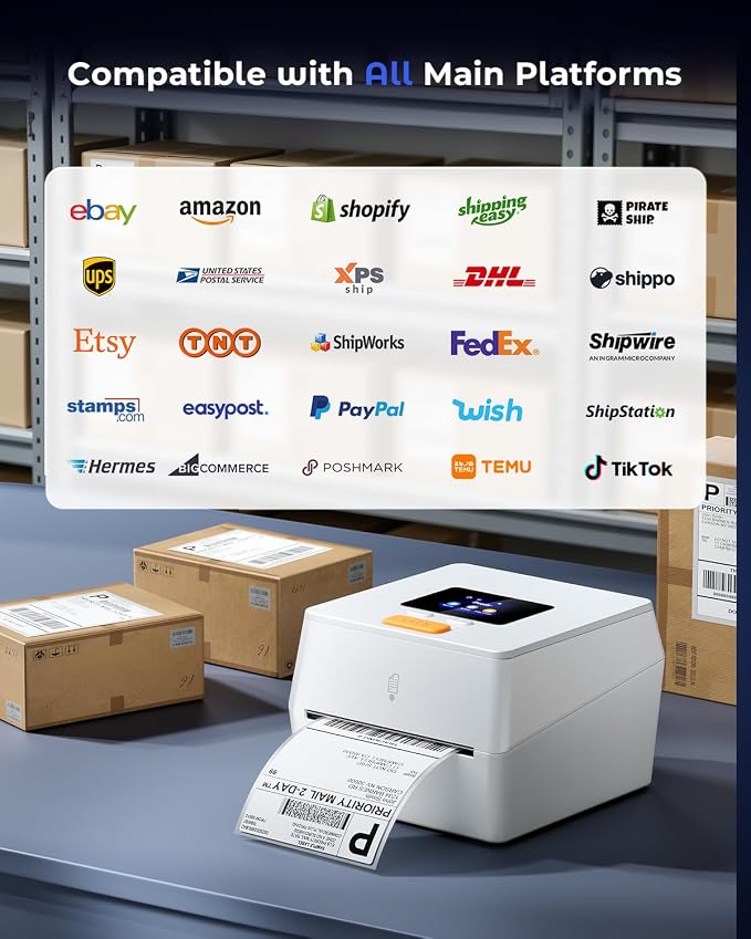Phomemo Thermal Label Printer with Touchable Screen, 4x6 Bluetooth Shipping Label Printer with Built-in Label Holder, D420D White Thermal Printers for Small Business, Compatible with USPS, Tiktok