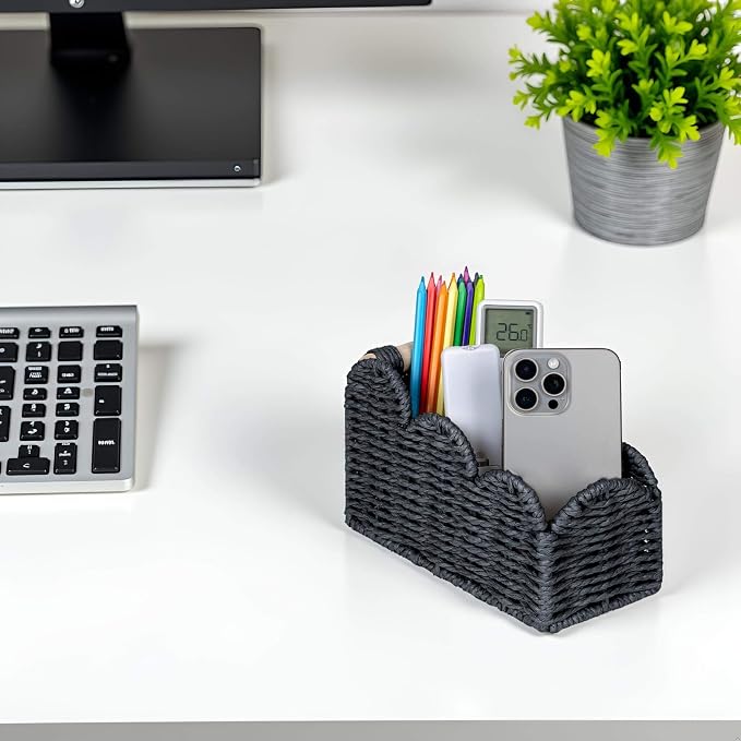CubesLand Bedside Table Desk Organizer Caddy, Remote Pen&Pencil Holder Cup | Makeup Brush Holder w/Scalloped Perfect for Home, Office Desk, Living Room Table Decor, 3 Slots Black