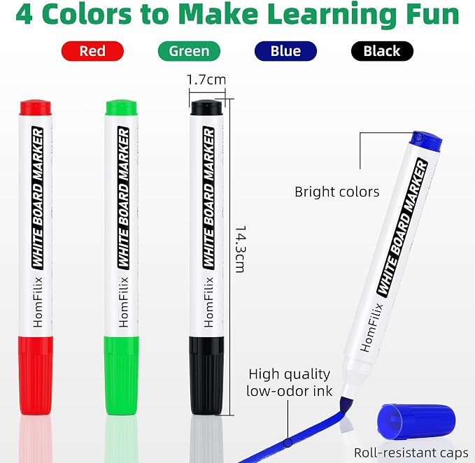 White Board Markers Dry Erase 36 Pack Bulk, 2 mm Fine Bullet Tip, Low-Odor Plant-Based Ink, 4 Colors for Classroom, Office & Home Use | Premium Dry Erase Marker Set