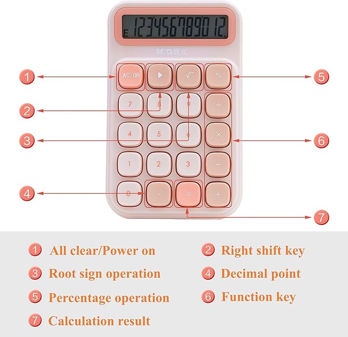 M&G Mechanical Switch Calculator, 12 Digits, Large LCD Display and Big Buttons, Cute Pink Desktop Calculator for Office, Home, School (Battery Included)