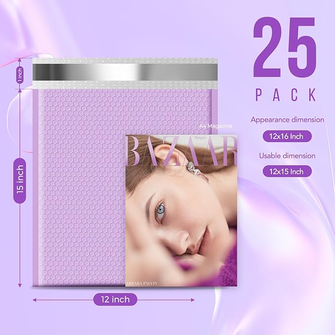 Fuxury Bubble Mailers 12x15" Lavender Purple Padded Envelopes 25 Pack Large Bubble Mailer Strong Adhesion Padded Mailer,Self-Seal Envelope for Mailing Small Business,Magazine, Clothing.