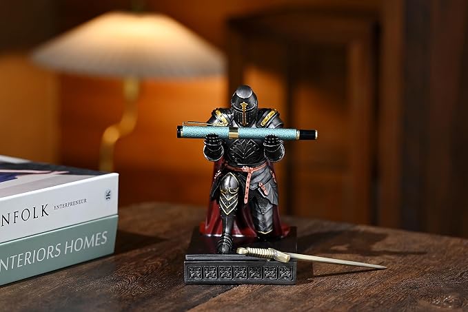 Medieval Templar Vanguard Officer Knight Pen Holder Desk Organizers Iron | Pencil Stand Paperweight Desktop Decoration Accessories Cell Phone Stand with a Fancy Sword for Medieval Warrior Enthusiast