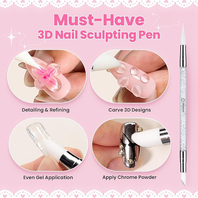 Beetles 3D Gel Nail Art with 3D Mold-2 Pcs Ballet Whisper Clear&Pink Solid Builder Nail Gel,Non-Sticky Sculpting, Dual-Ended Sculpture Pen, Beginner Friendly DIY at Home,UV LED Lamp Needed