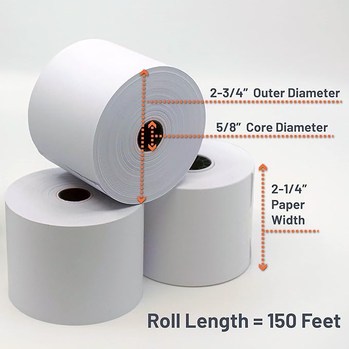 Victor 7050 Compact White Paper Rolls for Handheld and Portable Printing Calculators/Adding Machines/Ink Print Cash Registers 2.25” W x 150' FT (6-Pack)