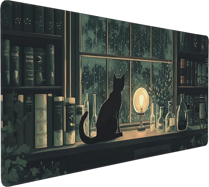 Anime Black Cat Gaming Mouse Pad, Forest Green Mystical Desk Mat with Anti-Slip Base & Stitched Edges, Office & Home Desk Decor for Women, 35.4" x 15.7" in Computer Desktop Mat
