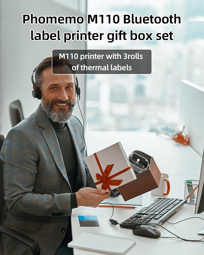 Phomemo M110 Label Printer - Label Maker Machine with 3 Roll Paper | Mini Portable Barcode Label Printer for Small Business, Retail, Address, Barcode, Home, for PC/Mac, iOS/Android- Ebony Black