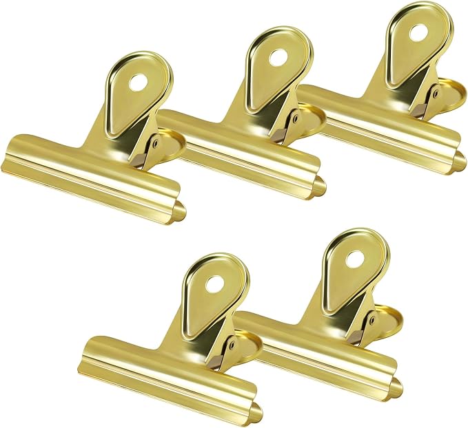 Koqye 5 Pcs Vintage Gold Bulldog Clips (65mm/2.6"), Antique Metal | Journal Clips to Hold Journal Open, Heavy Duty Binder Hinge Clamps for Travelers Notebook, Planner & Art Sketchbook