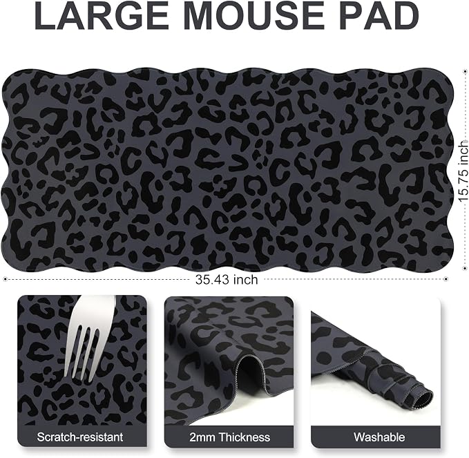 L-SPOUTTO Black Leopard Mouse Pad, Scalloped Desk Mat XXL Gaming Mousepad | Cheetah Gaming Mousepad,35.4x15.7in Non-Slip Base Keyboard Pad Waterproof Desktop Mat for Laptop Computer Game Home Office