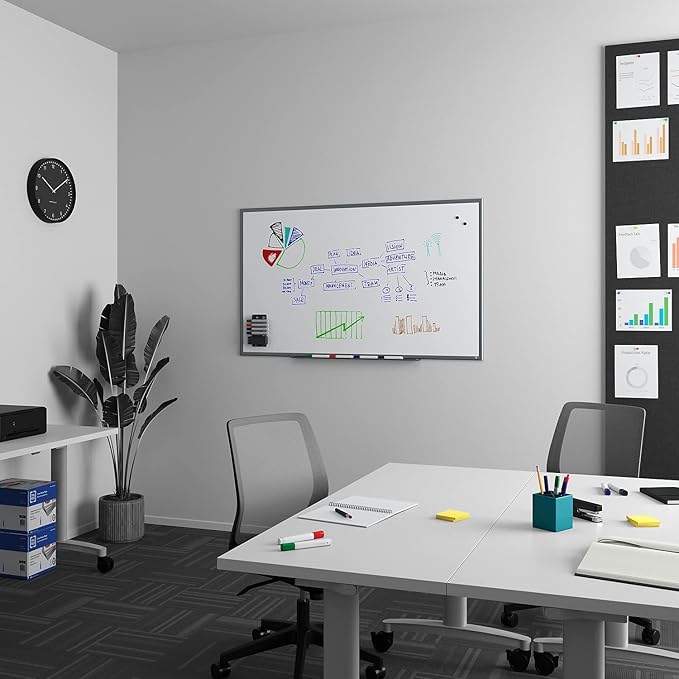TRU RED Magnetic Porcelain Whiteboard | Dry Erase Board for Wall, White Board with Black Frame, 5 ft x 3 ft, 4 Multicolor Markers Included