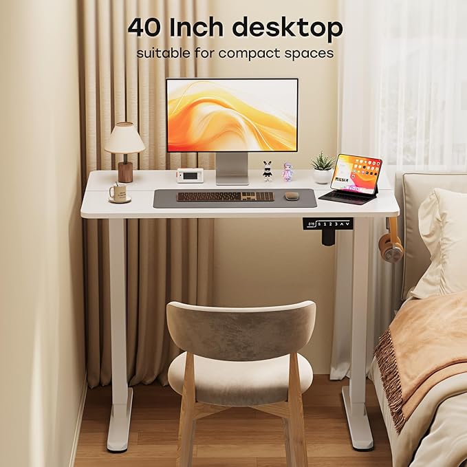 Small Standing Desk, 40" ×20" Electric White Standing Table, Height Adjustable Compact Sit Stand Desk with Splice Board, Home Office Table with 2 Hooks