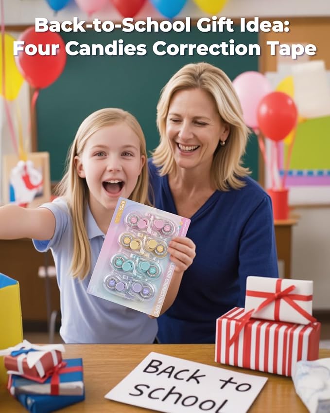 Four Candies White Correction Tape, 39.4 ft, 8 Pack Smooth Pull-Out Tape | Easy to Use Applicator for Instant Corrections, Tear-Resistant, Smooth & Quick-Drying Tape for Office & School Supplies