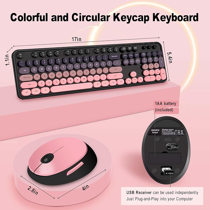Cute Typewriter Wireless Keyboard and Mouse Combo Black and Pink | Full Size With Number Pad & Mouse,Compatible With All Windows,Ideal For Windows,1600DPI,Computer, PC, Notebook, Laptop