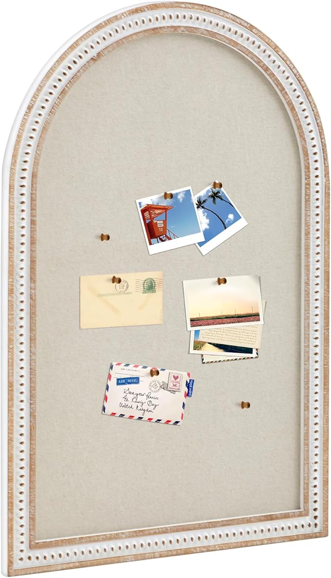 Vintage Framed Pin Board Linen Display Bulletin Board Large Ornate Fabric Picture Photo Pinboard Memo Decorative Prayer Pinboard Ornate for Wall Gift(Arch,24" X 36",Boho White)