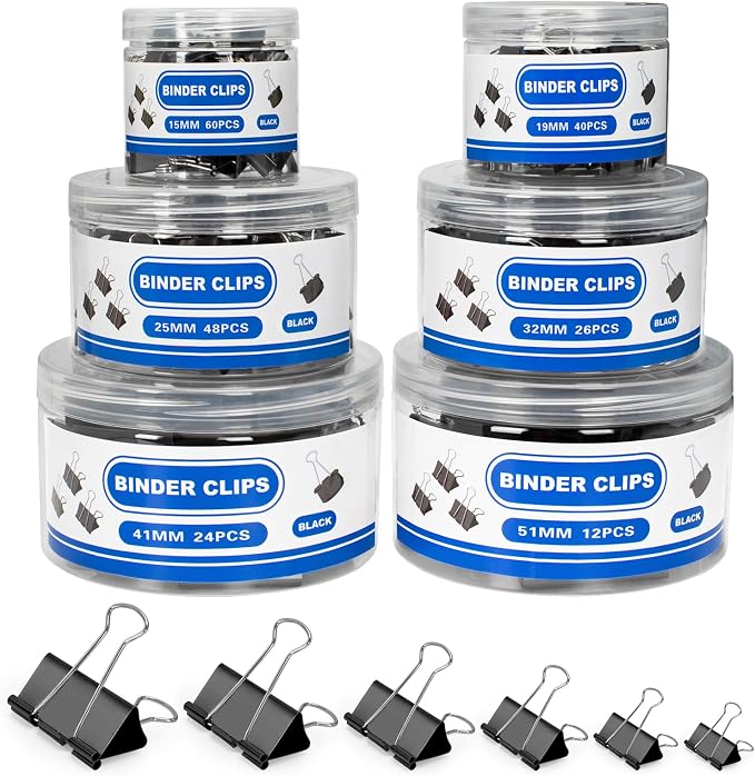 BainGesk 210 Binder Clips, 6 Assorted Sizes, Black Metal Paper Clamps | Paper Binder Clips Packed in 6 Boxes, Durable and Rustproof Binder Clips for Office, School Supplies