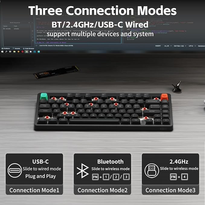 NuPhy Node75 Wireless Mechanical Keyboard, 75% Hot Swappable Custom Keyboard, 82 Keys Computer Gaming Keyboards, Supports Touch Gestures, PBT Keycaps, RGB Backlit, Bluetooth/2.4GHz/USB-C | Hot-Swappable 75% Custom Keyboard, 82 Keys Computer Gaming Keyb...