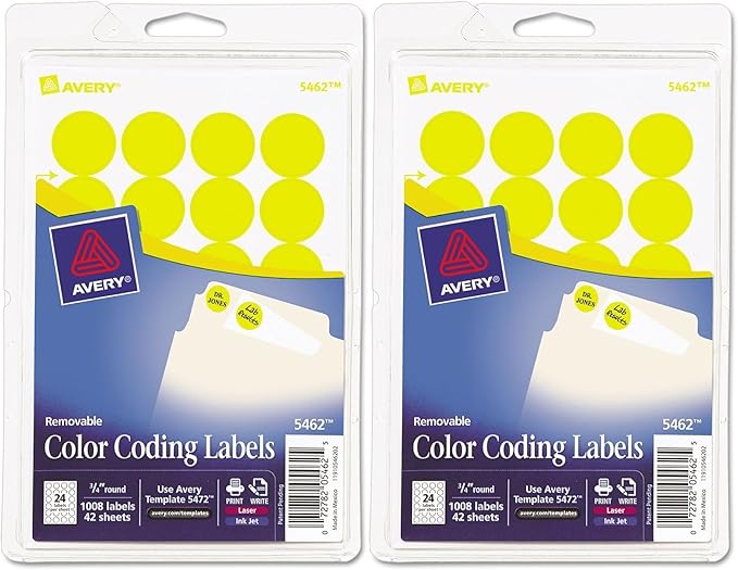 Printable Self-Adhesive Removable Color-Coding Labels, 0.75" dia, Yellow, 24/Sheet, 42 Sheets/Pack, (5462), Sold as 2 Pack