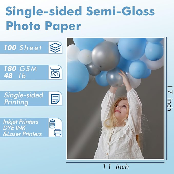 Koala Semi-Gloss Photo Paper 11X17 Inches 100 Sheets for Inkjet and Laser Printers Use DYE INK 48LB 180gsm Professional Paper