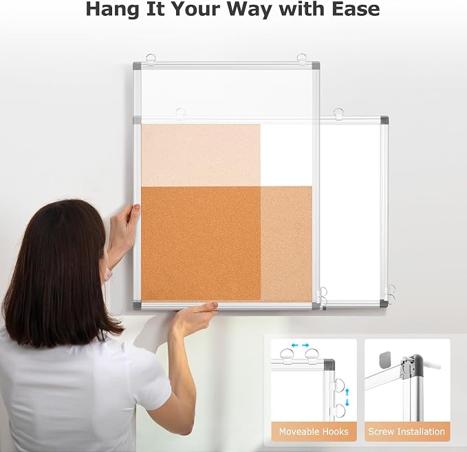 Magnetic Dry Erase White Board Cork Board Combo for Wall with Accessories | 36"x24" Vision Board Manifestation Whiteboard Corkboard Combination Aluminum Frame Home Office School Supplies ADHD Planner