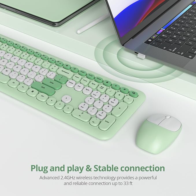 surmen Green Keyboard and Mouse Wireless, Cute Wireless Typewriter Keyboard, Full Size Slim Silent Round Keys Aesthetic for Home and Office(Colorful Green)