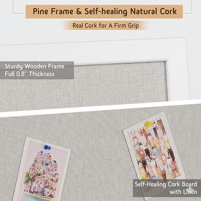 Gideal Cork Board with Pine Wood Frame, Bulletin Board with Linen Surface | 36" x 24" Wall Mounted Pin Board for Home Office, Kitchen, Classroom, White