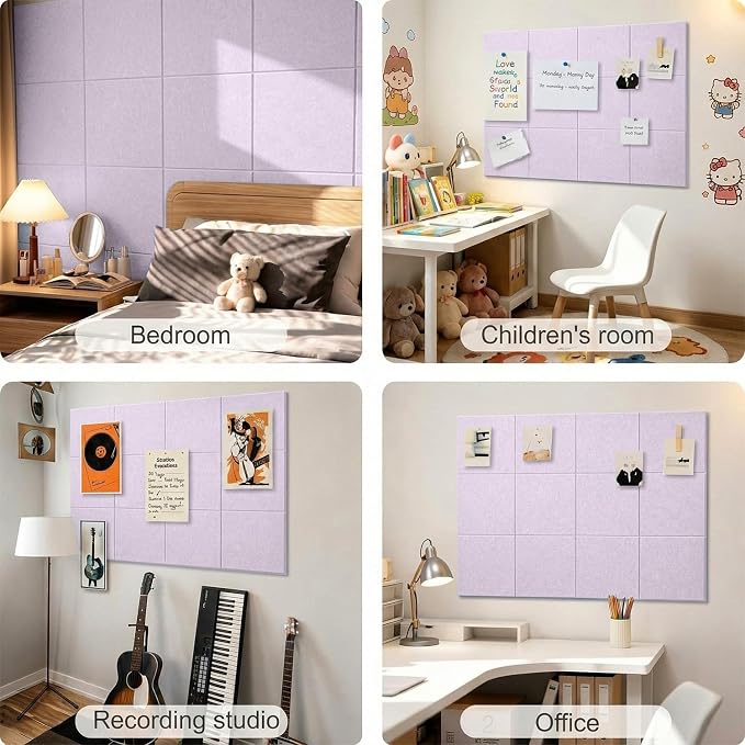 Felt Wall Tiles Bulletin Board Large Cork Board Alternative 12 Pack 11.81”x11.81”x0.47” Felt Pin Board Tack Board with Safe Removable Adhesive Tabs for Home Office School 48x36(Light Purple)