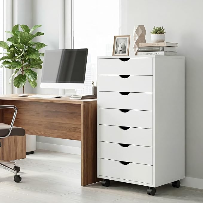 7 Drawers Mobile File Cabinet, Printer Stand Storage Cabinet | Under Desk Storage with Wheels, Vertical Filing Chest Rolling Wood Small Organizer for Home Office, Living Room, White
