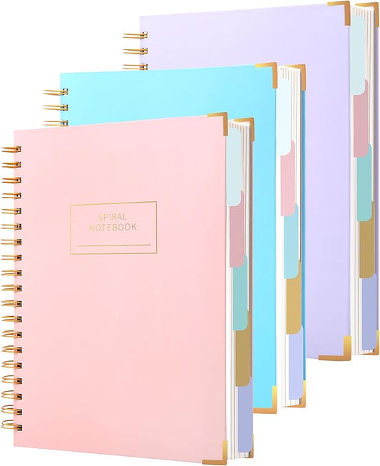 Yoment 3 Pack 5 Subject Notebook College Ruled, Hardcover Spiral Notebooks for Work School, B5 Multi Subject Notebook with Tabs Dividers, 240 Pages Lined Journal for Women Men, Pink&Purple&Blue