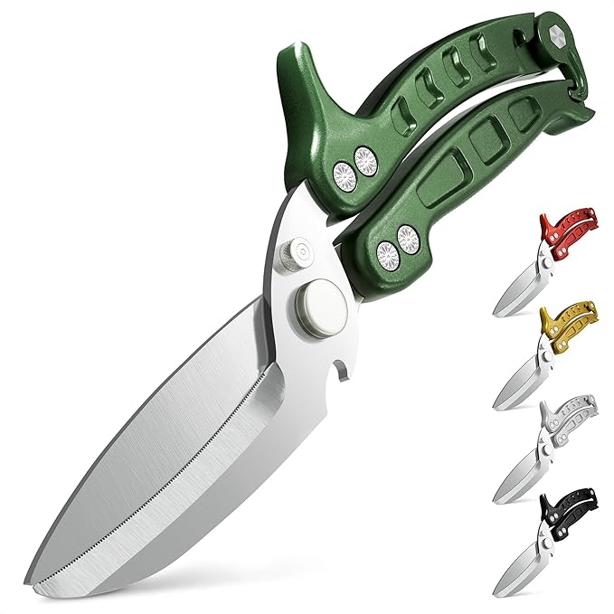 4-in-1 Stainless Steel Kitchen Shears – Sharp Seafood, Fish, Turkey & Chicken Cutting Scissors with Non-Slip Metal Handle & Micro-Serrated Blades – Spring-Loaded Bone Scissors with Safety Lock (Green)